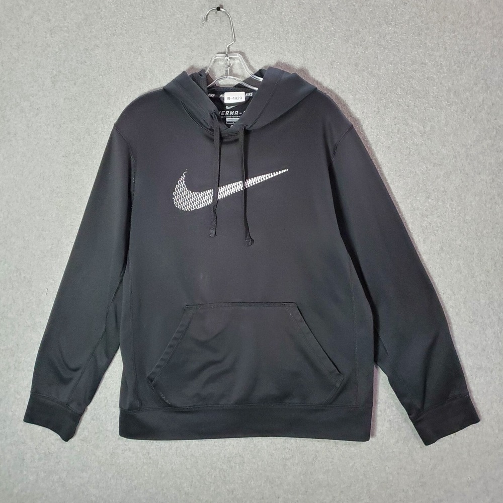 Nike Men Sweatshirt Small Black Therma-Fit Swoosh Logo Hoodie Drawstring Pocket